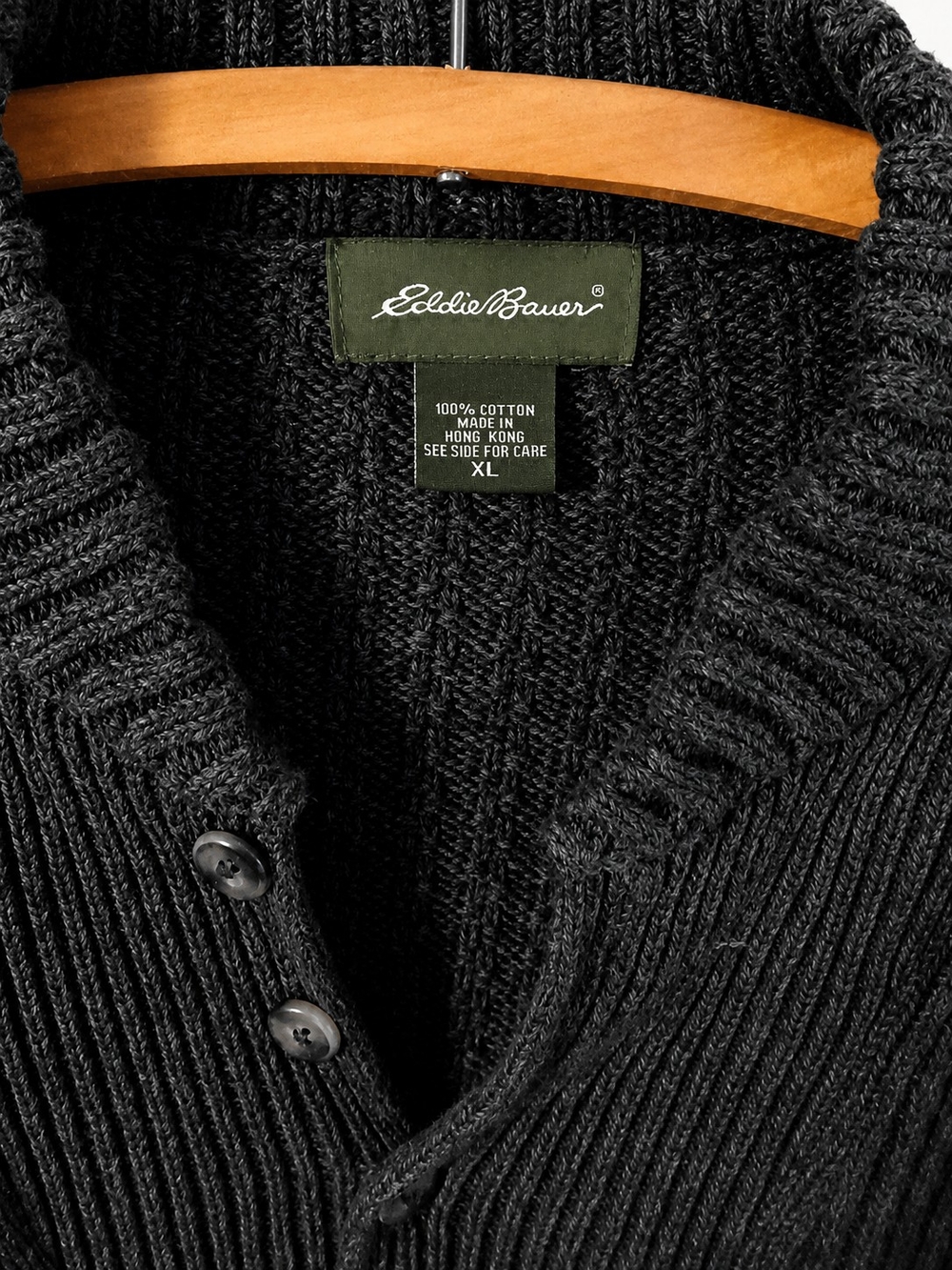 EDDIE BAUER 100% Cotton Men's XL Black Ribbed Henley Knit Sweater Heavy Textured - Picture 3 of 6